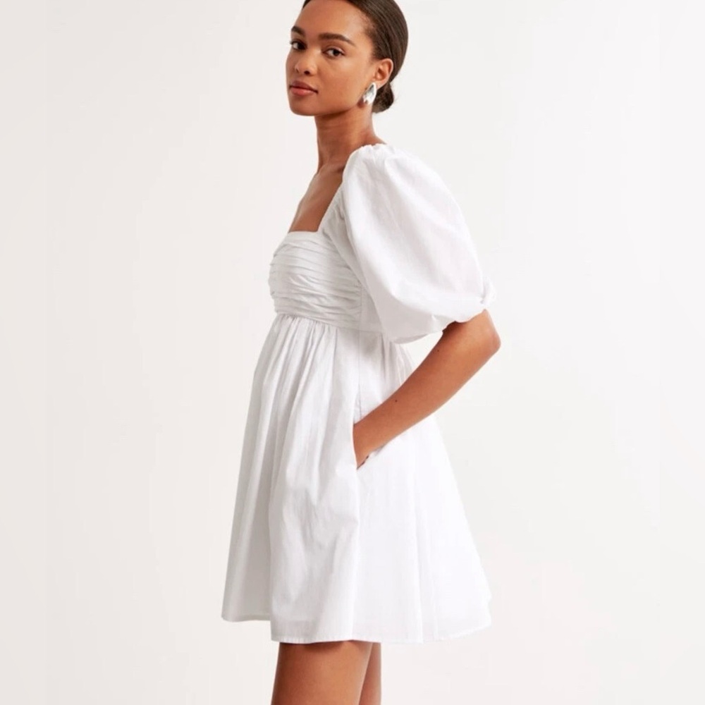 Abercrombie & Fitch Emerson Poplin Puff Sleeve Ruched Mini Dress White szXS tall - Picture 6 of 12